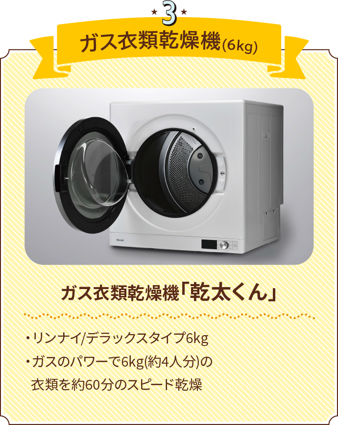 ガス衣類乾燥機(6kg) ガス衣類乾燥機「乾太くん」・リンナイ/デラックスタイプ6kg・ガスのパワーで6kg(約4人分)の衣類を約60分のスピード乾燥