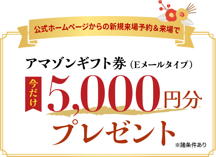 公式ホームページからの新規来場予約＆来場でアマゾンギフト券（Eメールタイプ）5,000円分プレゼント ※諸条件あり